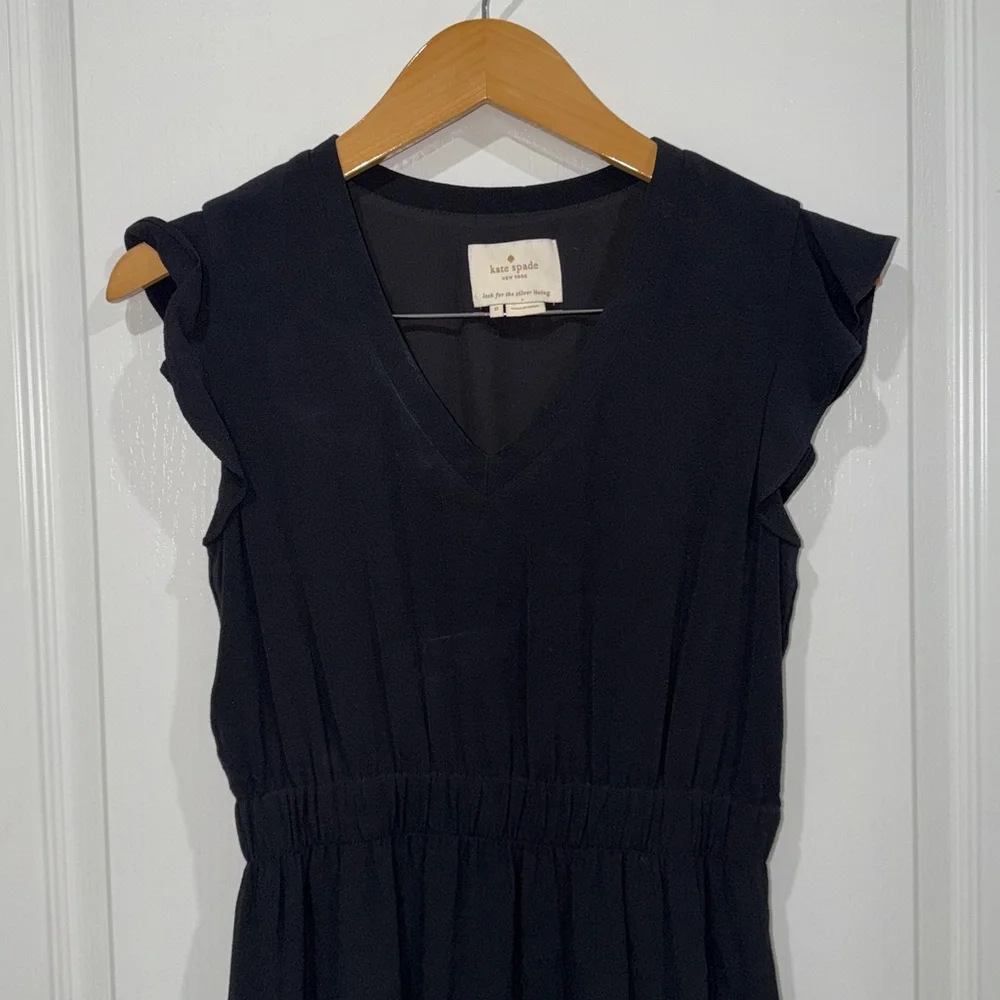 Kate Spade New York black V-neck flutter sleeve smocked waist crepe midi dress 0 - Picture 3 of 5